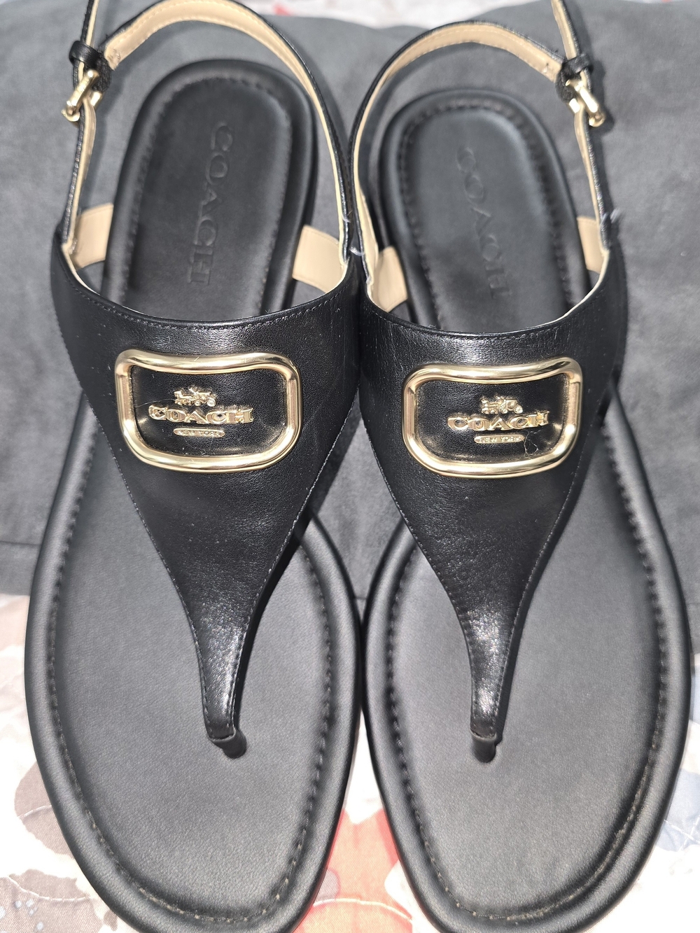 COACH Black Leather Thong Sandals with Gold Hardware - Picture 2 of 5